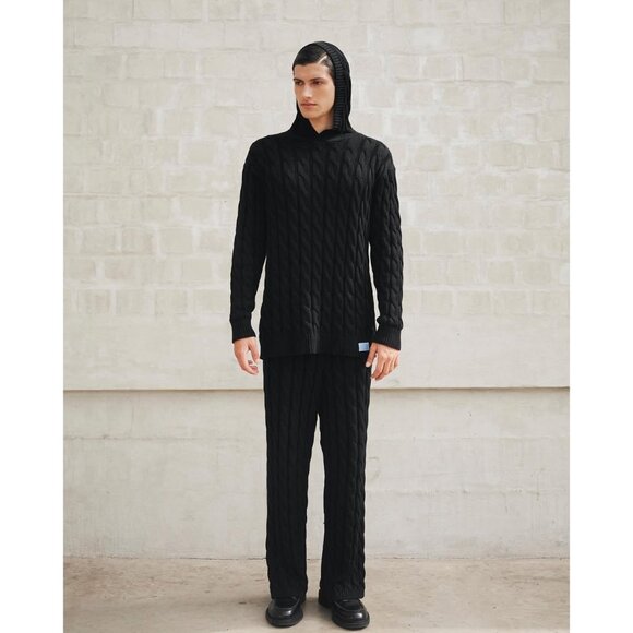 REUBEN OLIVER Pima Cotton Cable Knit Hoodie in Black - Picture 3 of 6